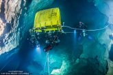 In an approximate distance of 350m from the entrance of the Sintzi cave, the divers see the bell that was used by previous missions for the decompression of the divers.